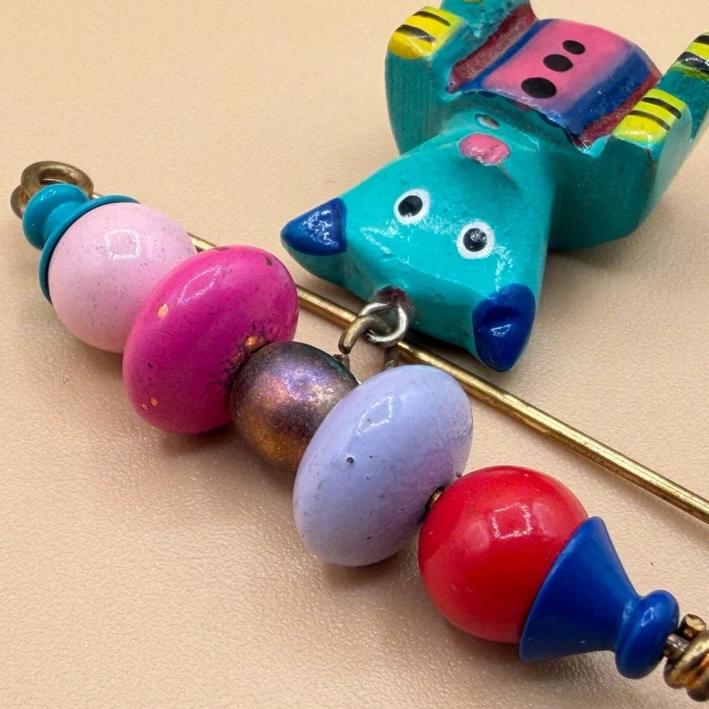 Colorful Cat Beaded Safety Pin Brooch Folk Art Whimsical Boho Statement Gift